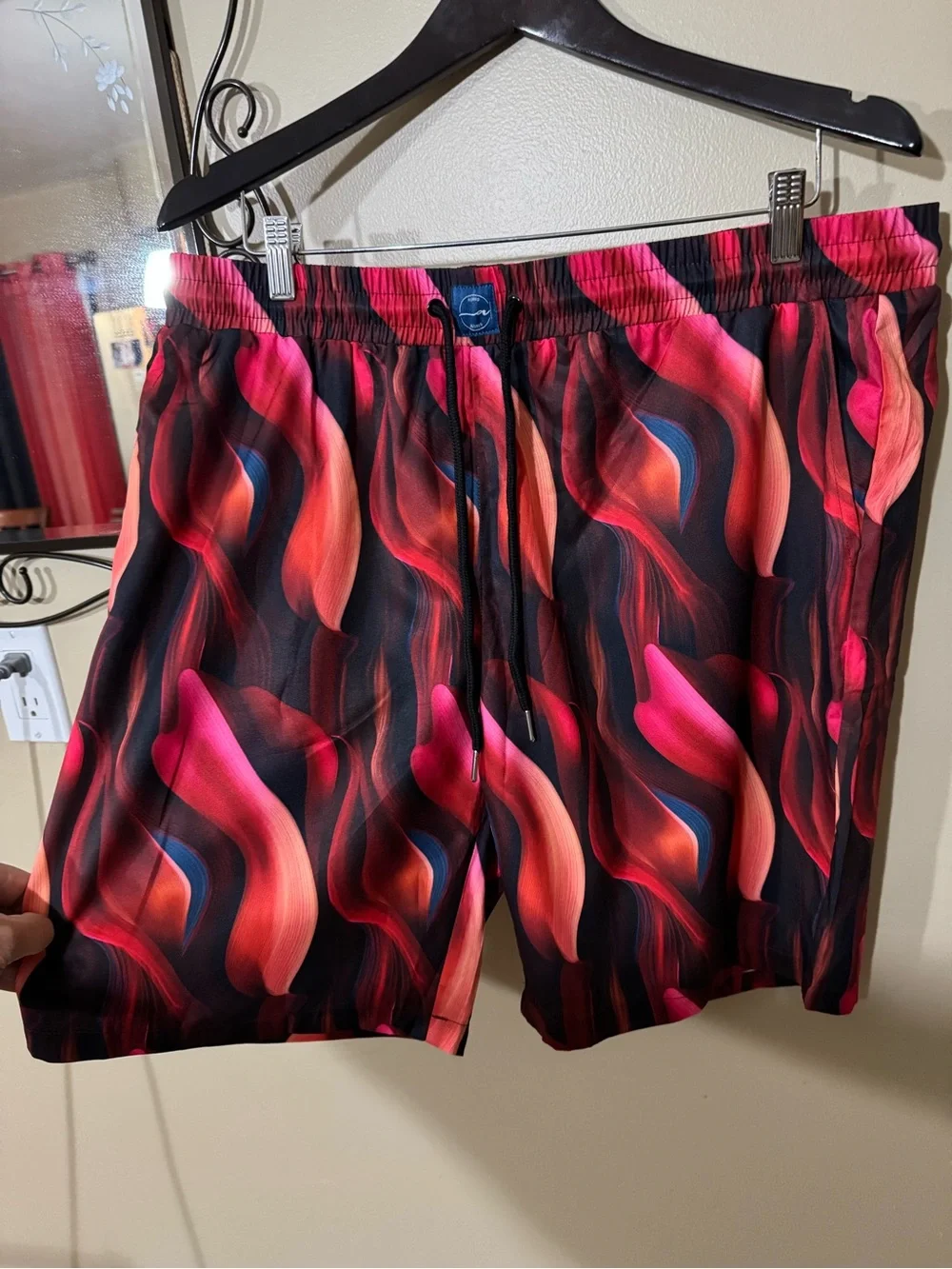 Men's Wave-Print Swim Board Shorts in Red & Pink